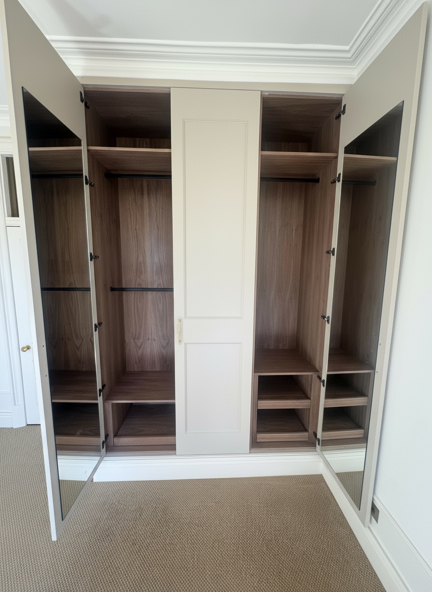 Open wardrobe doors show the mirrors on their inner faces and the walnut veneer interior