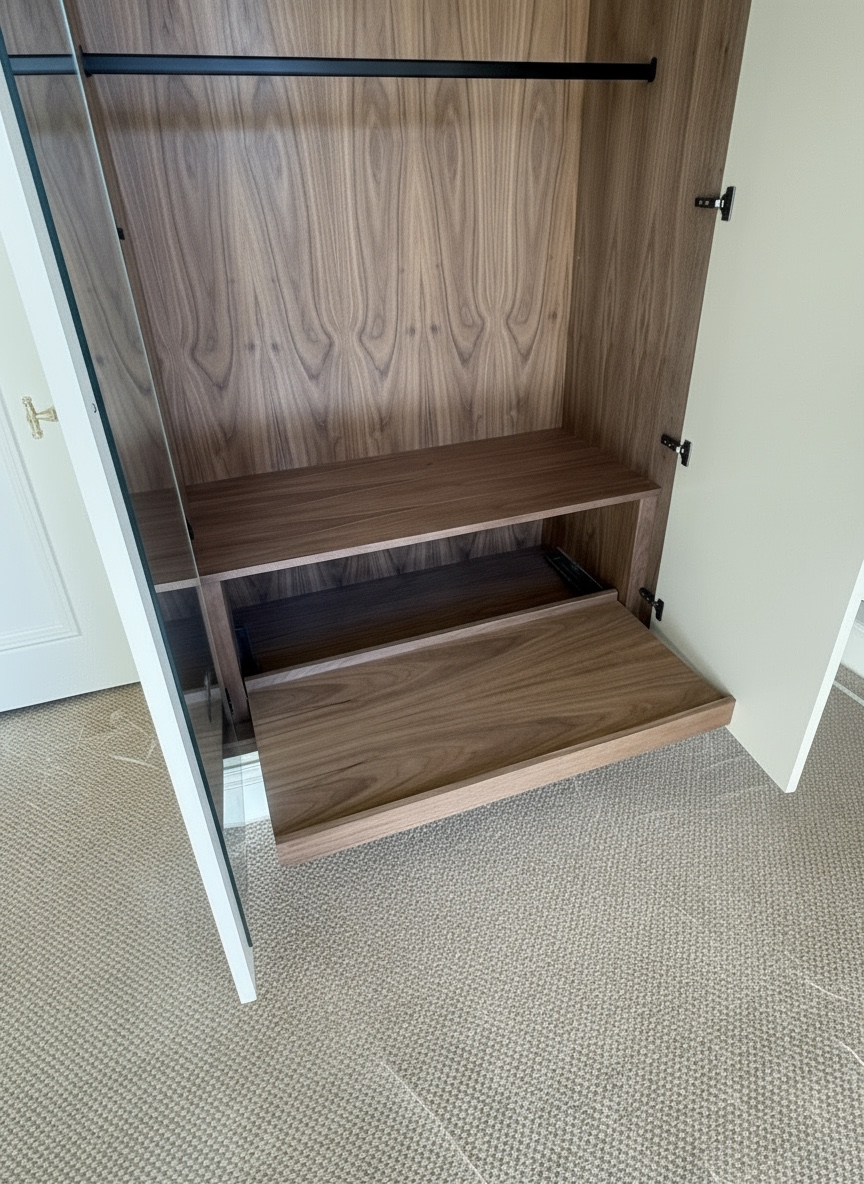 Close view of a lower wardrobe pull-out section and walnut veneer grain