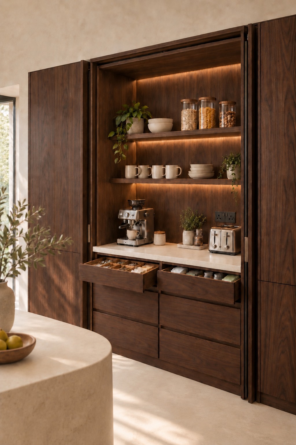 EarthForm breakfast larder concept with dark walnut veneer interiors, illuminated shelves, coffee station and organised drawers beside a curved microcement island