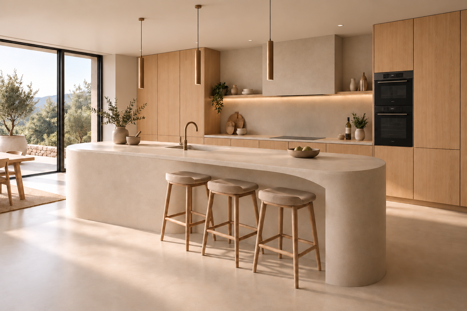 Angled view of EarthForm Dune kitchen with curved island and oak cabinetry