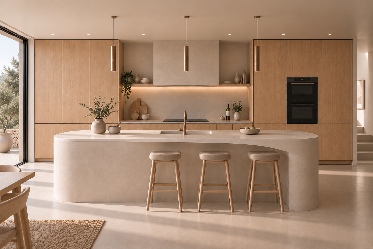 Front view of Dune light oak cabinetry and curved island seating