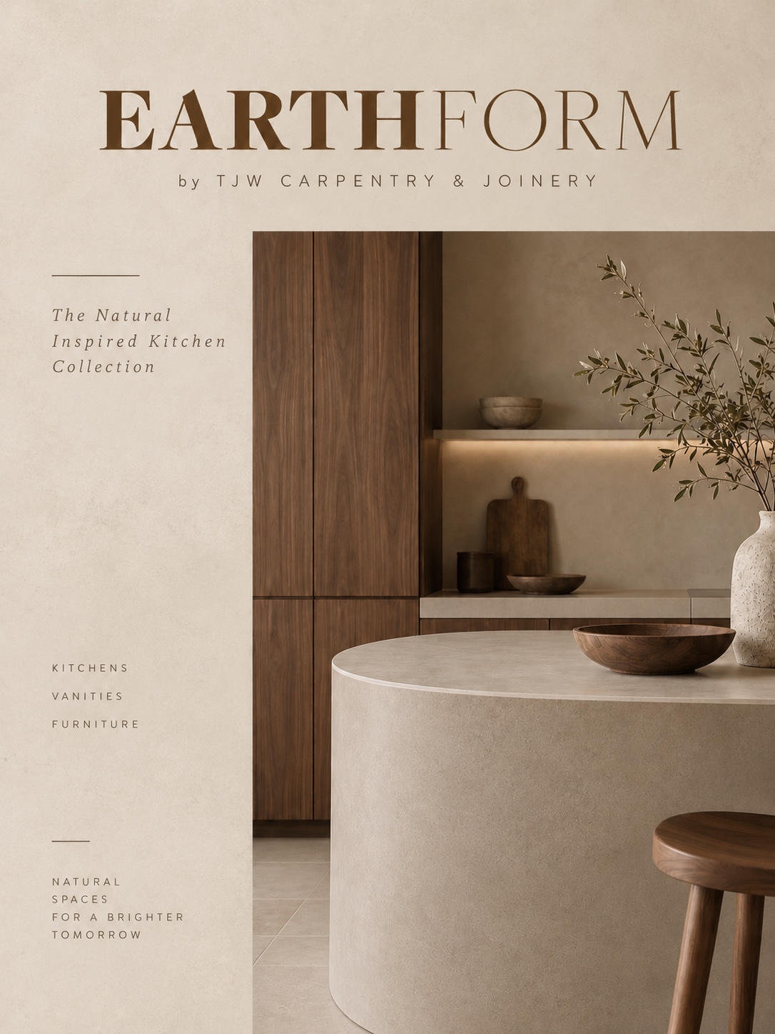 Walnut cabinetry and curved microcement island in an EarthForm kitchen concept