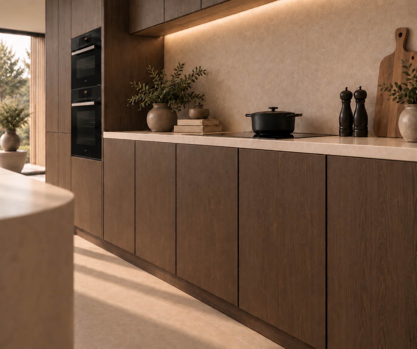 Close view of smoked oak cabinet fronts, worktop and softly lit splashback