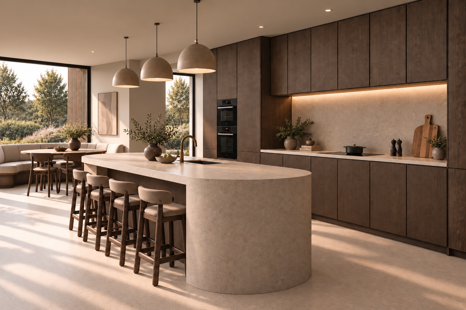 EarthForm Ember kitchen with smoked oak cabinetry and a curved microcement island