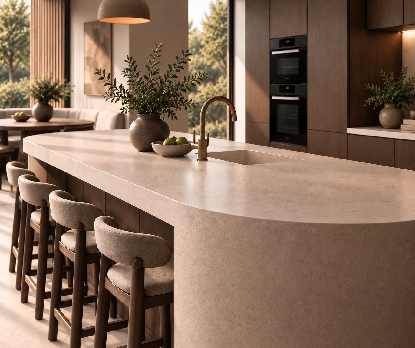 Close view of the curved pale island, integrated sink and smoked oak seating