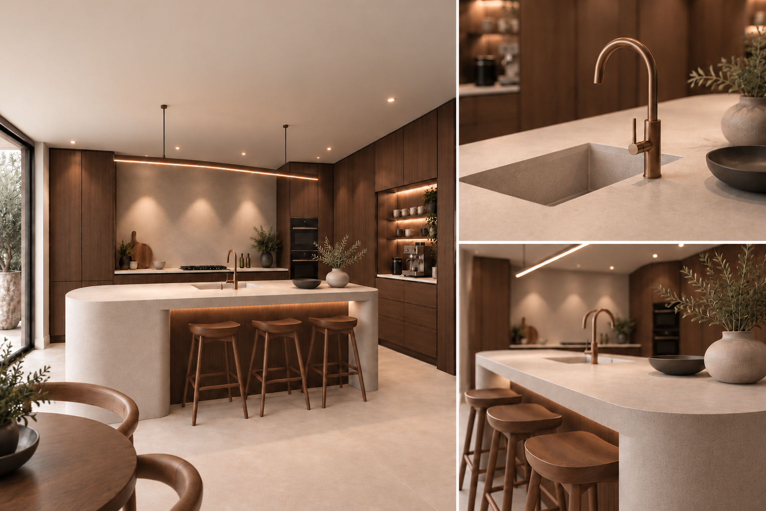 Growth concept views of the sink and recessed walnut seating