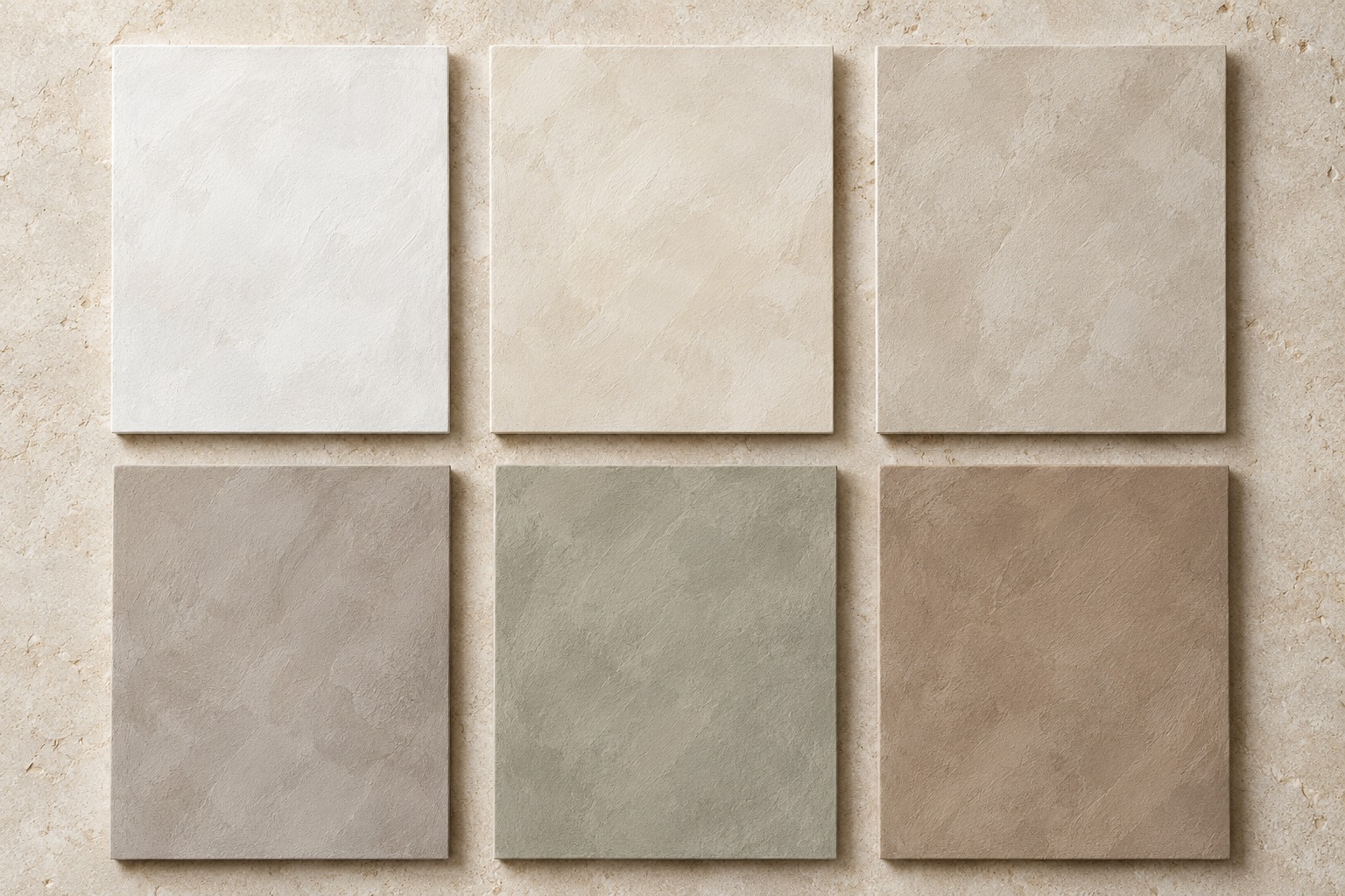 Six illustrative limewash tones: chalk white, warm ivory, oatmeal, mushroom, sage grey and clay taupe
