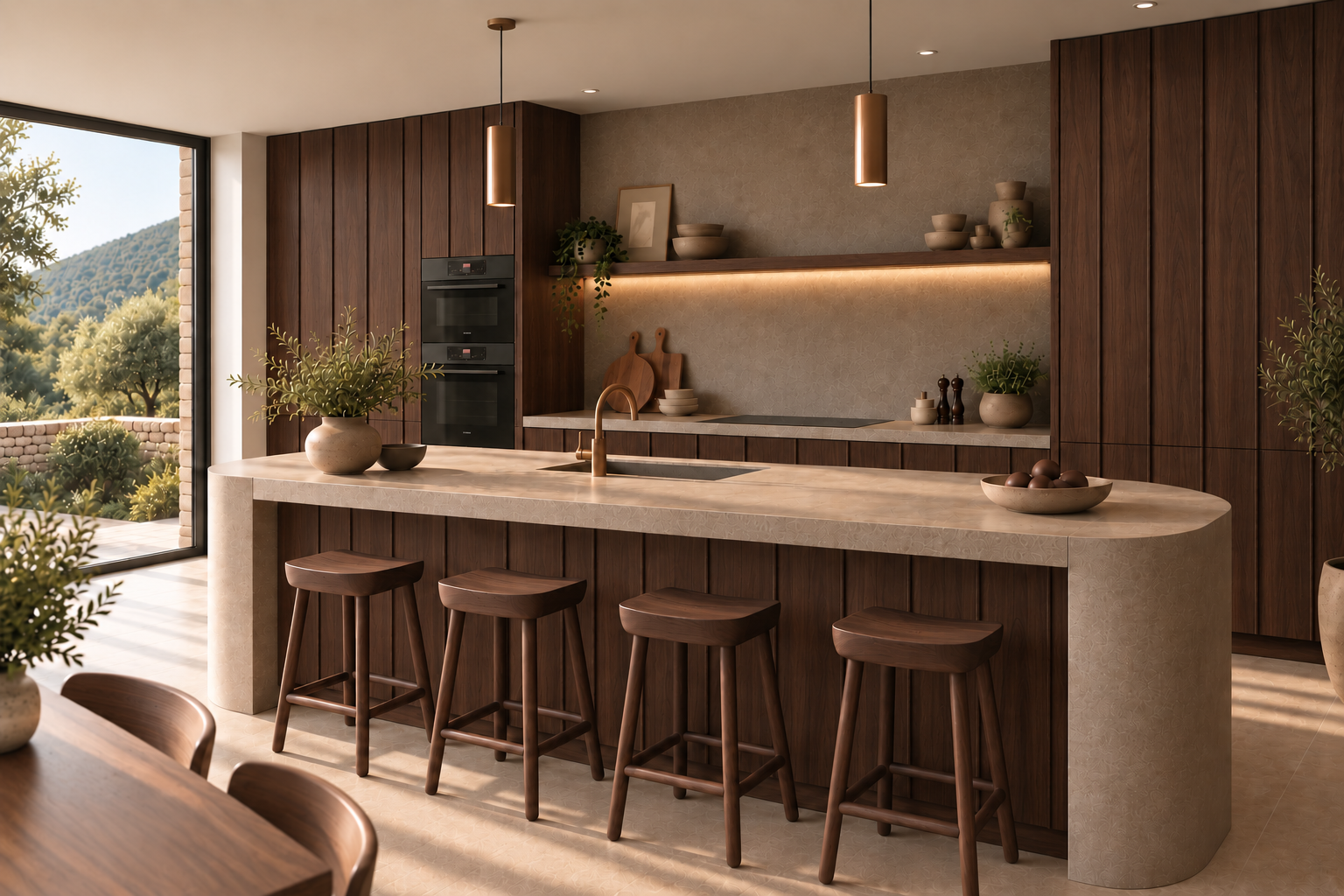 Angled view of Linear kitchen with walnut fronts and microcement island