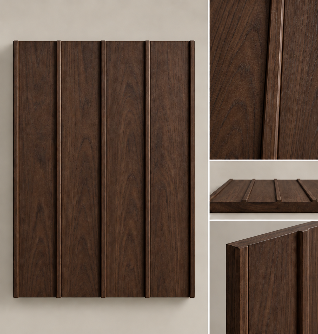 Linear walnut door detail showing vertical beads, grain and profile views