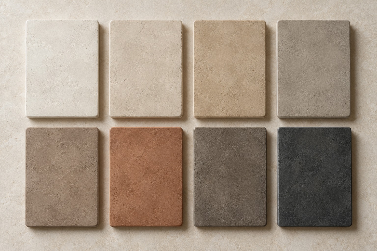 Eight illustrative microcement finishes in chalk, limestone, sand, greige, clay, terracotta, stone and charcoal tones
