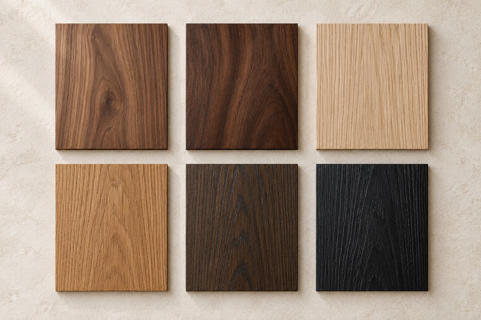 Six illustrative timber veneer finishes: natural walnut, darker walnut, pale oak, honey oak, smoked oak and burnt oak