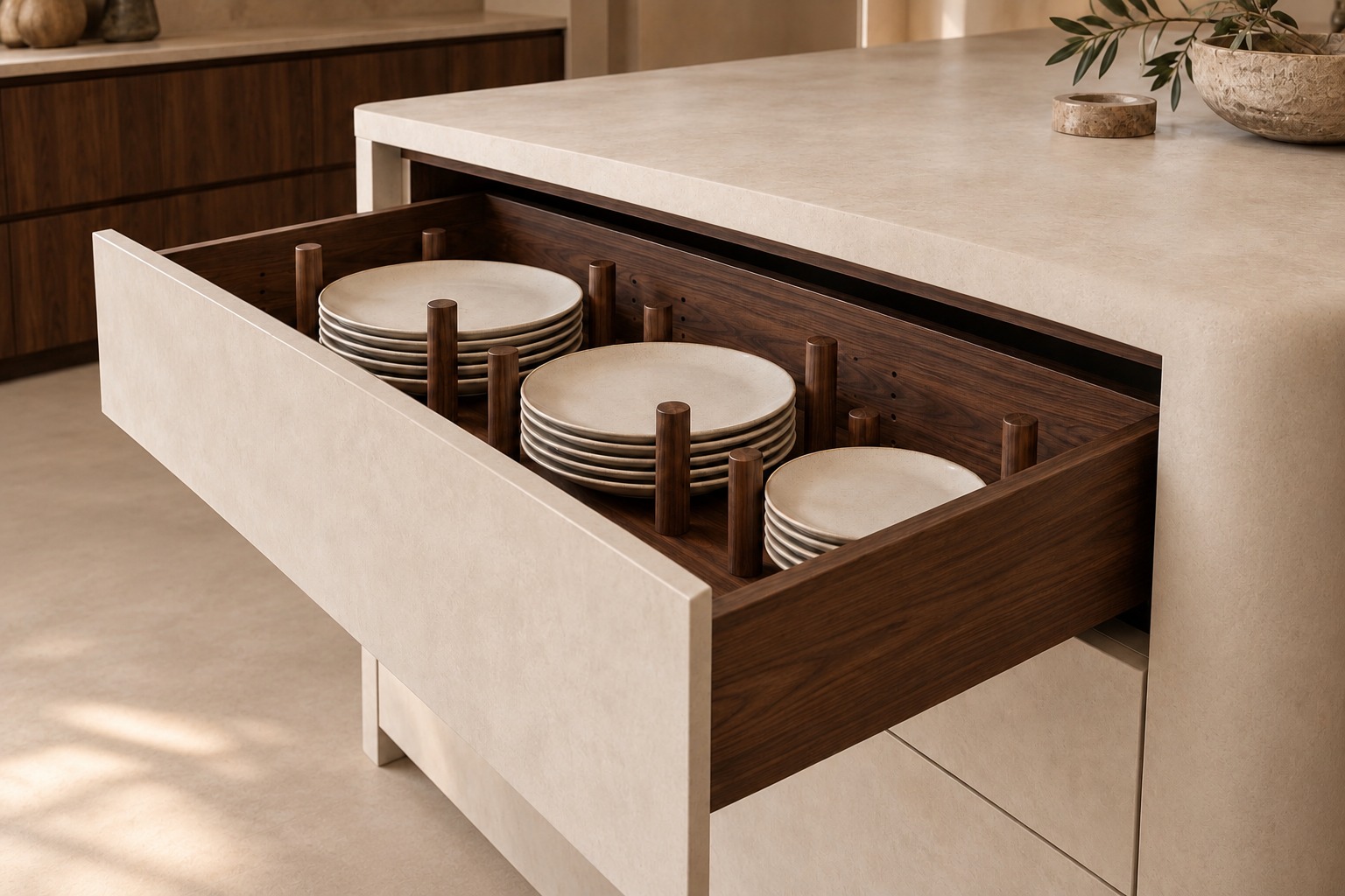 EarthForm plate-storage drawer concept with dark walnut interiors, fitted peg dividers and a seamless curved microcement island