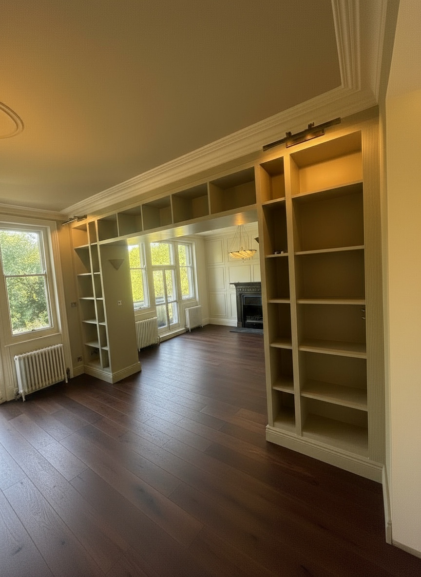 Fitted library shelves with coving and skirting surrounding a wide opening between rooms